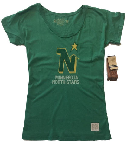 Minnesota North Stars Retro-Marken-Damen-T-Shirt mit grünen Taschen und kurzen Ärmeln – sportlich