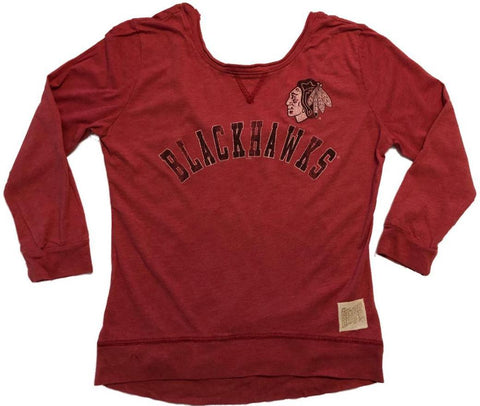 Chicago Blackhawks Retro-Marken-Damen-T-Shirt in Rot mit 3/4-Ärmeln und U-Ausschnitt (XS) – sportlich