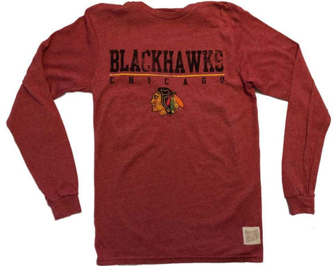 Hellrotes Retro-Langarm-T-Shirt der Marke Chicago Blackhawks mit verblasstem Logo und Rundhalsausschnitt – sportlich