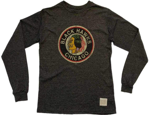 Shop Chicago Blackhawks Retro Brand Charcoal Retro Vintage Logo LS Crew T-Shirt - Sporting Up