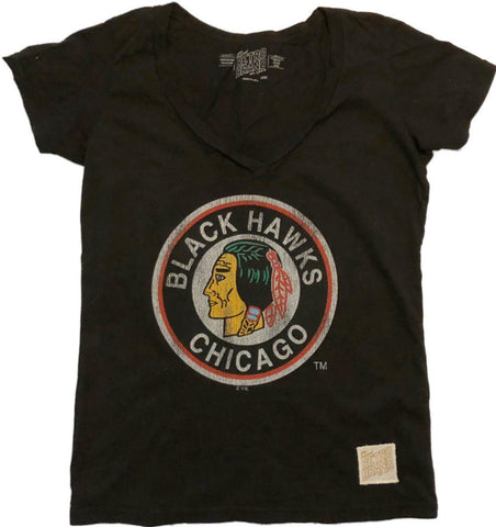 Shop Chicago Blackhawks Retro Brand WOMENS Black Retro Logo SS V-Neck T-Shirt (L) - Sporting Up