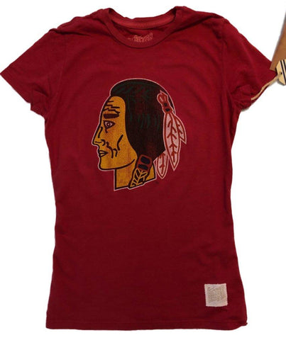 Kaufen Sie das Chicago Blackhawks Retro-Marken-Damen-T-Shirt in Rot mit Vintage-Logo, SS, tailliert – sportlich