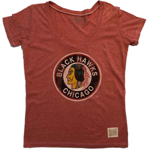 Chicago Blackhawks Retro-Marken-Damen-T-Shirt mit verblasstem rotem Ausbrenner und V-Ausschnitt (XL) – sportlich