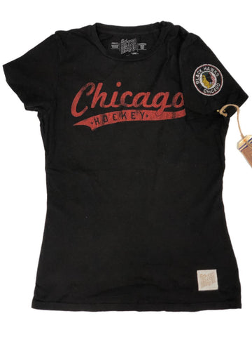 Camiseta de manga corta con logo de escritura descolorido en negro de la marca retro de los Chicago Blackhawks para mujer - sporting up