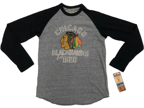 Chicago Blackhawks Retro Brand Gray Black Burnout LS Baseball Style T-Shirt (S) - Sporting Up