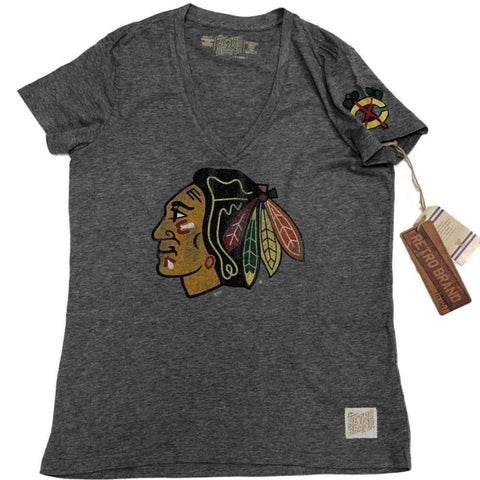 Chicago blackhawks retromärke dam grå bleka logotyp ss v-ringad t-shirt (xl) - sportig upp