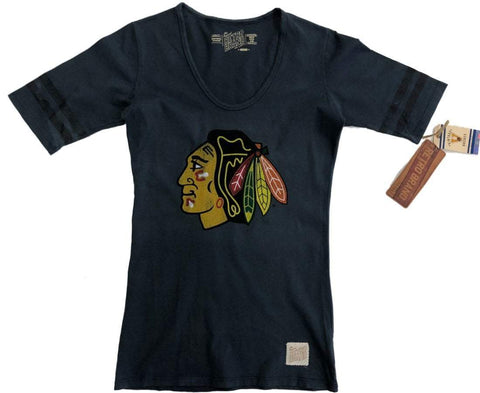 Shoppen Sie das graue T-Shirt der Chicago Blackhawks Retro-Marke für Damen mit 1/2-Ärmeln und U-Ausschnitt – sportlich