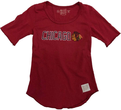 Chicago Blackhawks Retro-Marken-Damen-T-Shirt in Rot mit 1/2 Ärmeln und U-Ausschnitt – sportlich