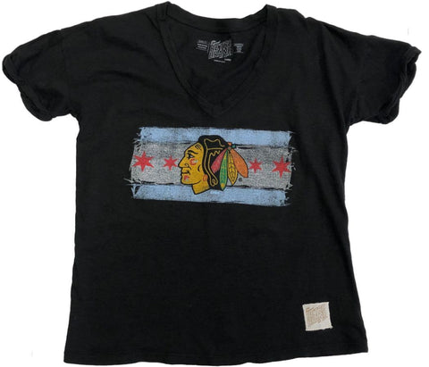 Shoppen Sie das Retro-Damen-T-Shirt „Chicago Blackhawks“ mit schwarzen Sternen und Streifen und V-Ausschnitt – sportlich
