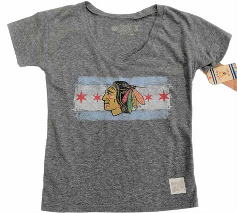 Chicago Blackhawks Retro-Damen-T-Shirt mit Sternenstreifen und U-Ausschnitt – sportlich
