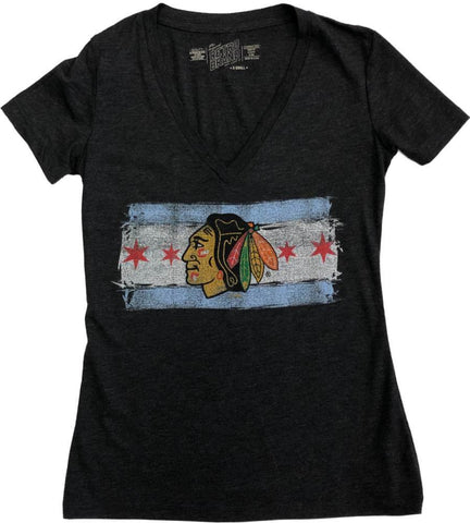 Chicago Blackhawks Retro-Marken-Damen-T-Shirt in Anthrazit mit Sternenstreifen und V-Ausschnitt – sportlich
