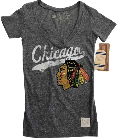Shop Chicago Blackhawks Retro Brand WOMENS Gray Script Logo V-Neck T-Shirt - Sporting Up