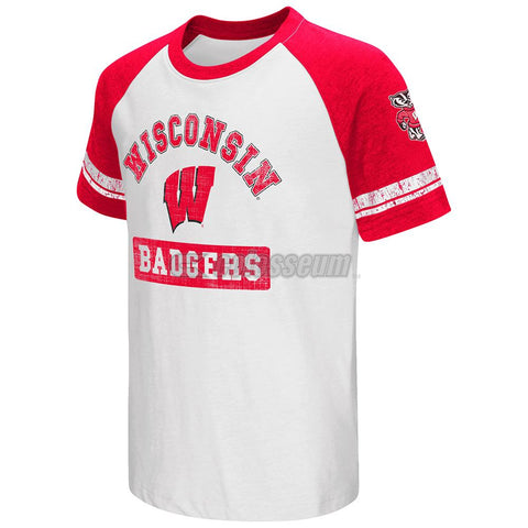 Shop Wisconsin Badgers Colosseum Youth Raglan All Pro Short Sleeve Red White T-Shirt - Sporting Up