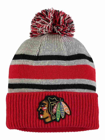 Shop Chicago Blackhawks Fanatics Tri-Tone Red Gray Black Cuff Poofball Beanie Hat Cap - Sporting Up
