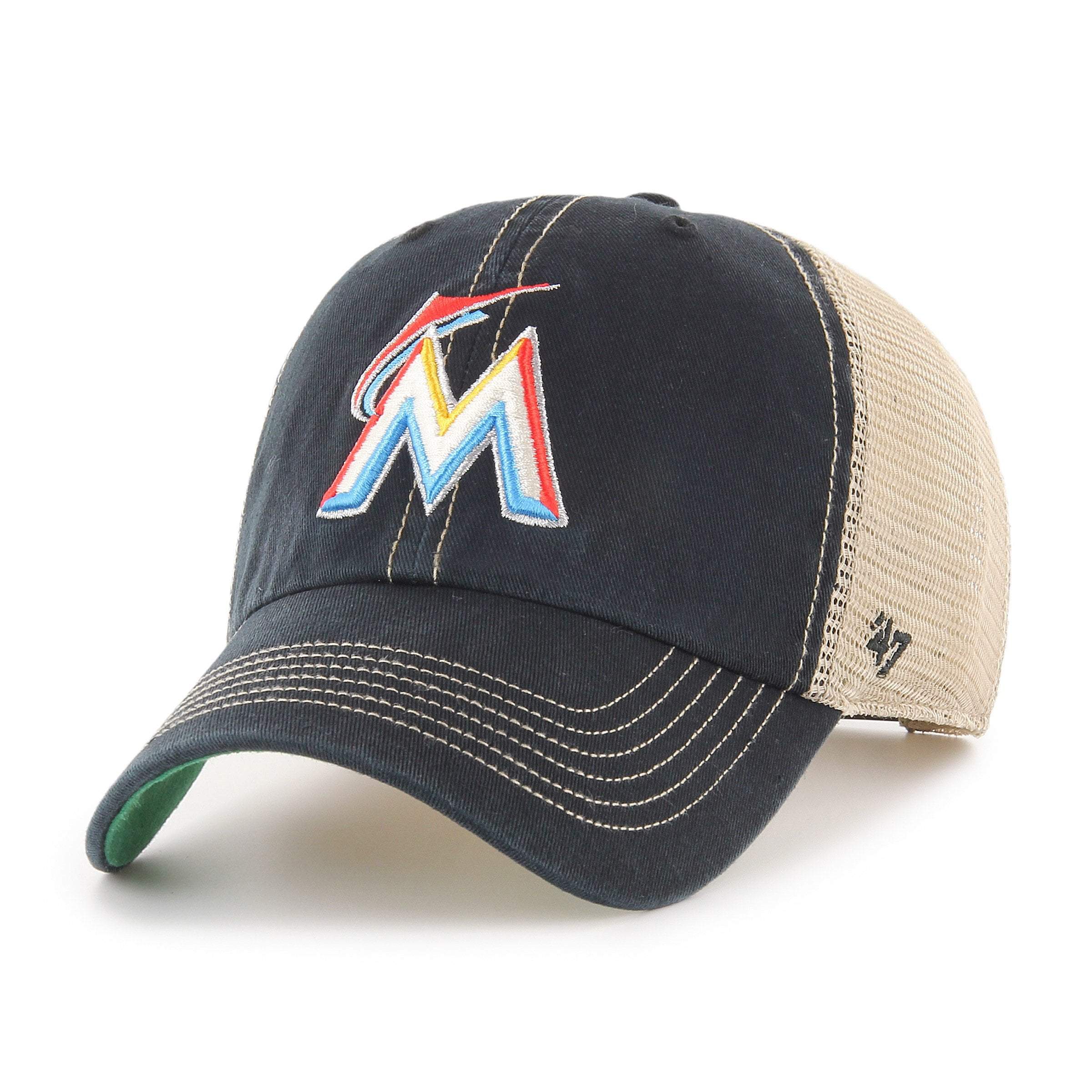 Miami Marlins 47 Brand Black Trawler Clean Up Mesh Adj. Snapback Slouch Hat  Cap