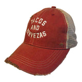 Tacos and Cervezas Retro Brand Red Mesh Tattered Vintage Snapback Hat Cap - Sporting Up