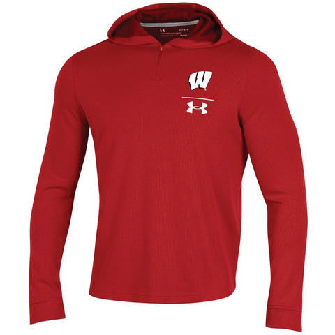 Shop Wisconsin Badgers Under Armour Red 1/4 Zip Loose Sideline Waffle Hoodie Pullover - Sporting Up