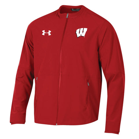 Compre chaqueta de calentamiento lateral holgada con cremallera completa roja under armour de los tejones de wisconsin - sporting up