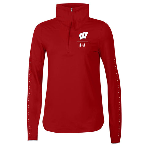 Shop Wisconsin Badgers Under Armour WOMEN'S Red 1/2 Zip HeatGear Sideline Pullover - Sporting Up