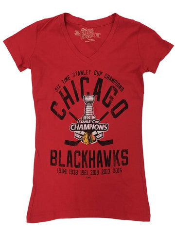 Camiseta roja con cuello en V de los campeones de la Copa Stanley 2015 de la marca retro Chicago Blackhawks para mujer - sporting up