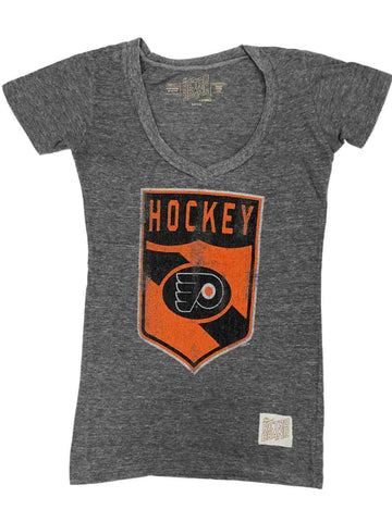 Kaufen Sie „Philadelphia Flyers Retro Brand“-T-Shirt für Damen in Grau mit Hockey-Schild und V-Ausschnitt – sportlich