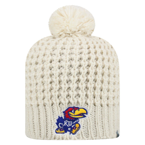 Kansas Jayhawks TOW Gorro tipo poofball de punto suave estilo "slouch" color marfil para mujer - Sporting Up