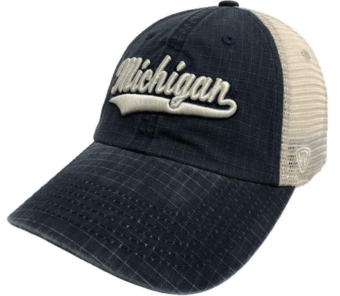 Kaufen Sie Michigan Wolverines Tow Navy „Raggs“ Mesh Script Logo Snapback Slouch Hat Cap – sportlich