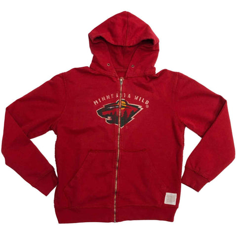 Shoppen Sie die Minnesota Wild Retro Brand Red Vintage-Kapuzenjacke mit durchgehendem Reißverschluss und Waffelmuster – sportlich