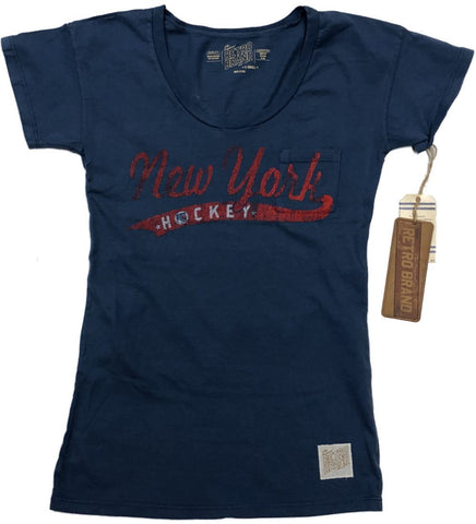 New york rangers retro märke kvinnor blå fickor kortärmad t-shirt - sportiga upp