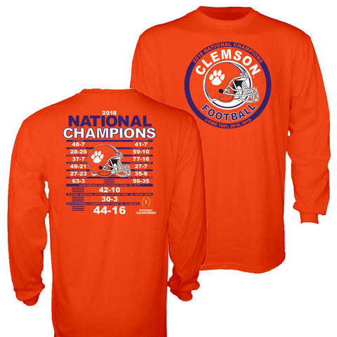 Clemson Tigers 3-facher Fußball-Nationalmeister 2018–2019, orangefarbenes Langarm-T-Shirt – sportlich