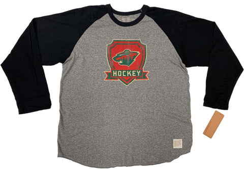 Grau-schwarzes zweifarbiges Vintage-Langarm-T-Shirt der Retro-Marke Minnesota Wild – sportlich