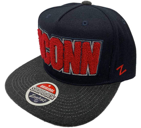Shop UCONN Huskies Zephyr Shag Carpet Logo Navy & Gray Snapback Flat Bill Hat Cap - Sporting Up