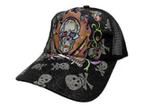 Glitter Skull Halloween XM WOMEN'S Black Mesh Back Snapback Trucker Hat Cap - Sporting Up