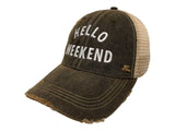 "Hello Weekend" Retro Brand Mudwashed Distressed Mesh Snapback Hat Cap - Sporting Up