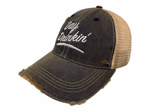 Shop "Day Drinkin'" Retro Brand Denim Washed Distressed Mesh Snapback Hat Cap - Sporting Up