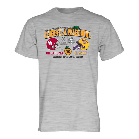Kaufen Sie das Oklahoma Sooners LSU Tigers 2019 CFP Peach Bowl „Air Horn“-T-Shirt in Heidegrau – sportlich