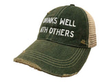 "Drinks Well with Others" Retro Brand Green Distressed Mesh Snapback Hat Cap - Sporting Up