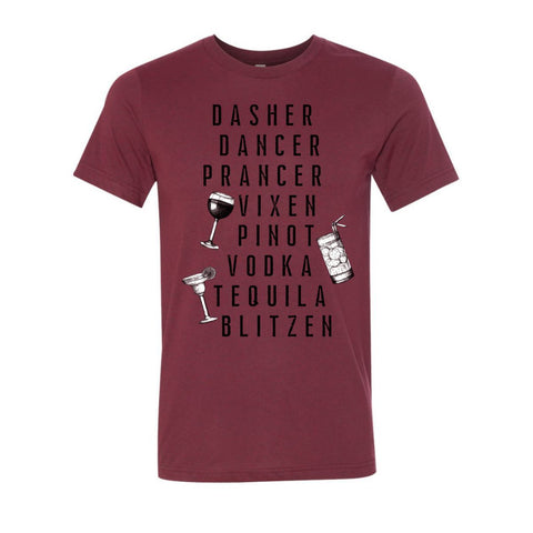 Shop Dasher Dancer Prancer Reindeer Funny T-Shirt - Heather Cardinal - Sporting Up