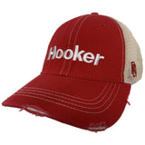 "Hooker" Fishing Retro Brand Red Distressed Tattered Mesh Snapback Hat Cap - Sporting Up