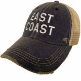 "East Coast" Retro Brand Navy Distressed Tattered Mesh Adj. Snapback Hat Cap - Sporting Up