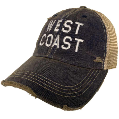 "Costa Oeste" marca retro azul marino desgastado malla hecha jirones adj. gorra snapback - haciendo deporte