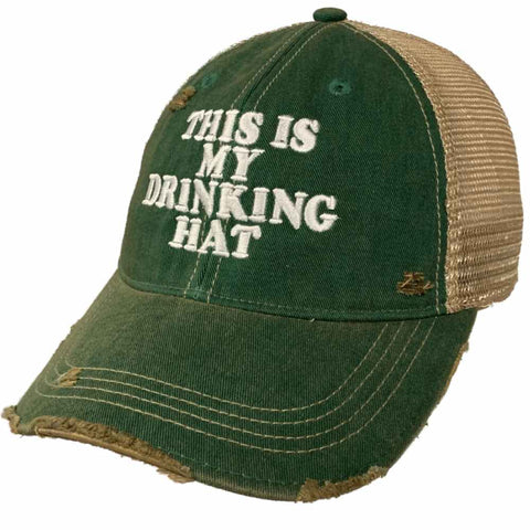 "This is My Drinking Hat" Retro märke Kelly Green Distressed Mesh Adj. Hatt Keps - Sporting Up