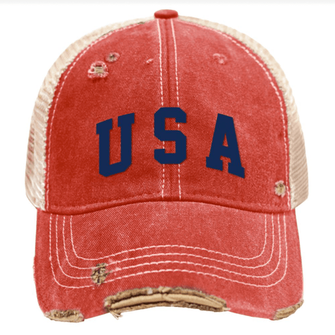 "USA" 4th of July America Retro Brand Red Distressed Mesh Snapback Hat Cap - Sporting Up