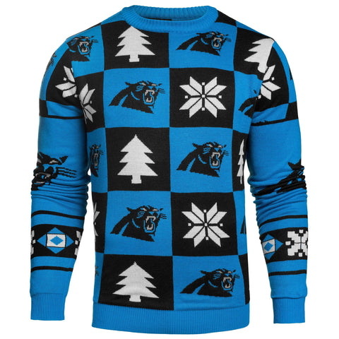 Kaufen Sie den hässlichen Pullover „Carolina Panthers Forever Collectibles“ mit blauen und schwarzen Strickaufnähern – sportlich