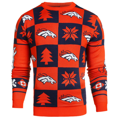 Shop Denver Broncos NFL Forever Collectibles Orange & Navy Knit Patches Ugly Sweater - Sporting Up