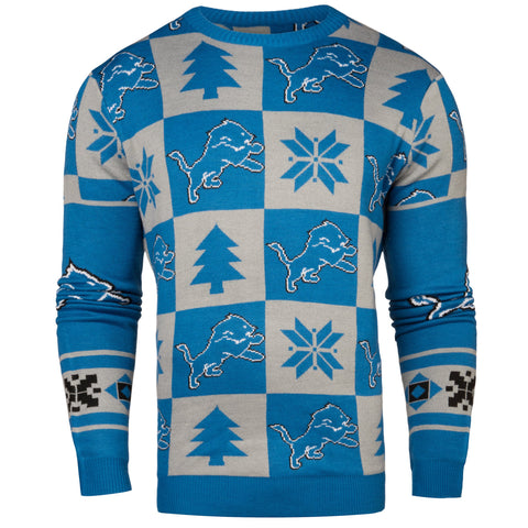 Kaufen Sie den hässlichen Pullover „Detroit Lions Forever“ mit hellblauen und grauen Strickaufnähern zum Sammeln – sportlich