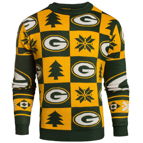 Kaufen Sie den hässlichen Pullover mit gelben und grünen Strickaufnähern von Green Bay Packers Forever Collectibles – sportlich