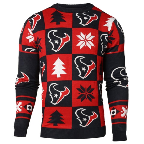 Shoppen Sie den hässlichen Pullover „Houston Texans NFL Forever Collectibles“ mit roten und marineblauen Strickaufnähern – sportlich