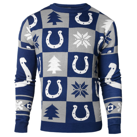 Kaufen Sie den hässlichen Pullover „Indianapolis Colts Forever Collectibles“ mit blauen und grauen Strickaufnähern – sportlich