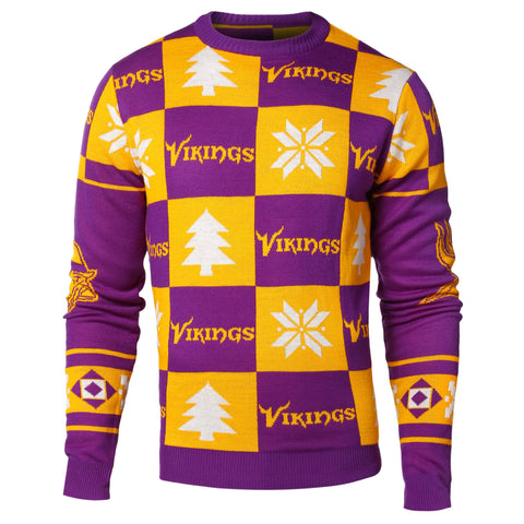 Kaufen Sie den hässlichen Pullover „Minnesota Vikings Forever Collectibles“ mit lila und gelben Strickaufnähern – sportlich